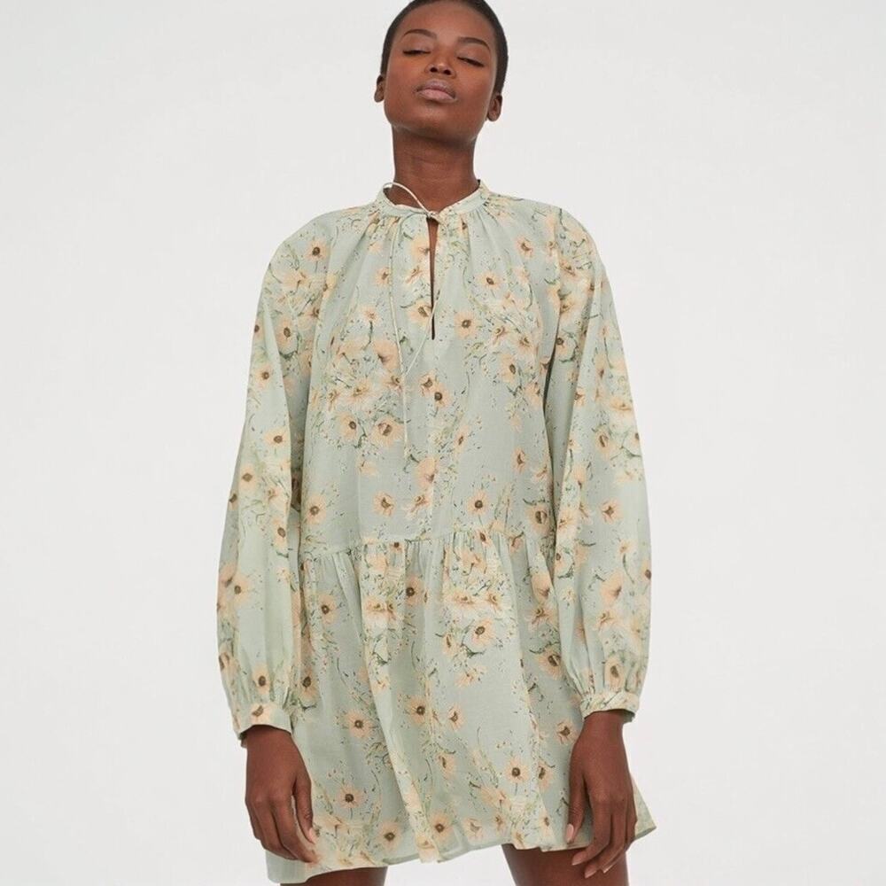 H&M Sunflowers Floral Balloon Sleeve Boxy Relaxed Drop Waist Shift Dress Size 12